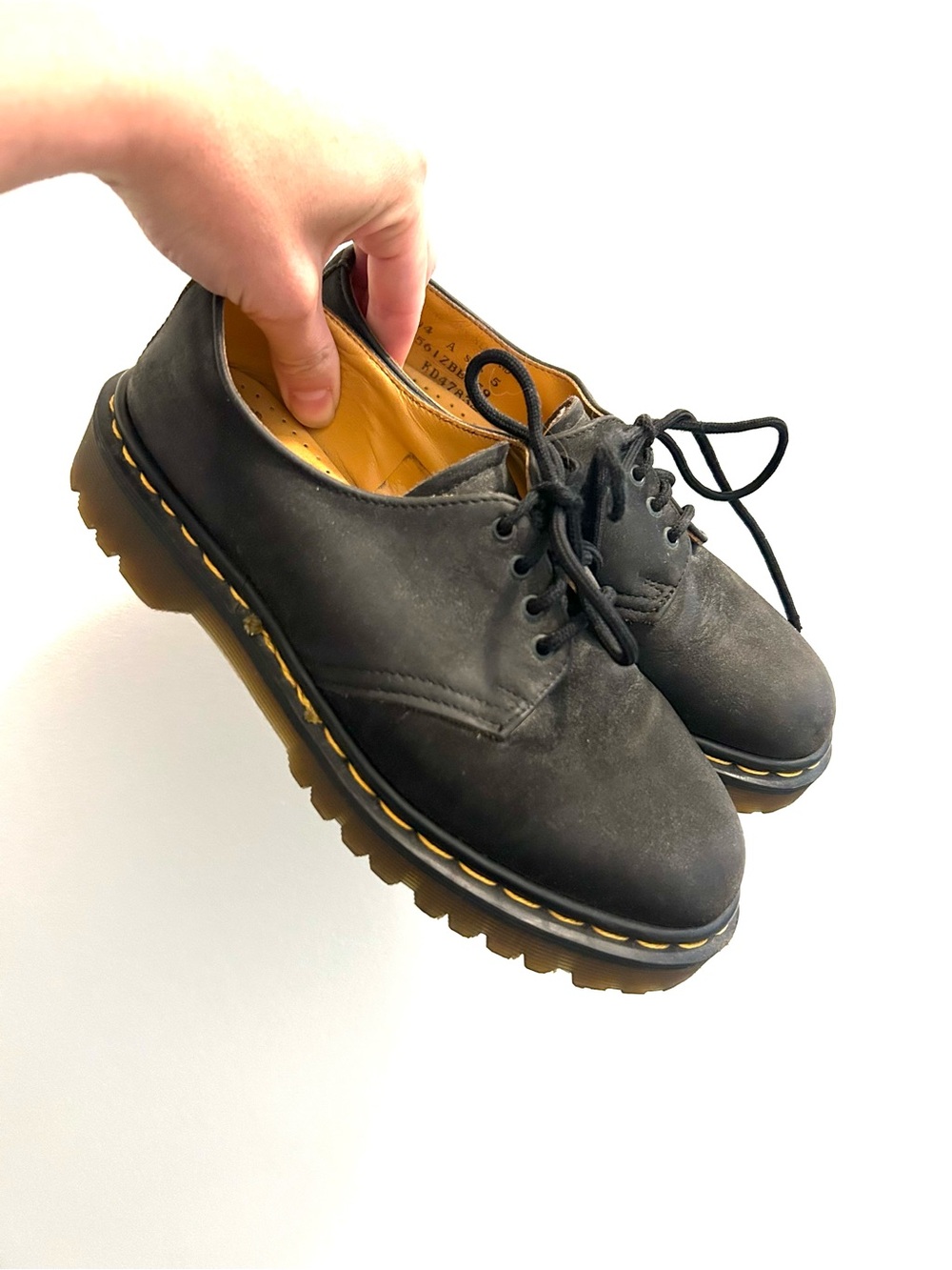 RARE SUEDE Dr. Martens Black Lace-Up Oxford shoe with Yellow Stitching. 5